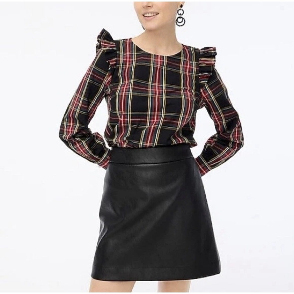 J Crew Women's Tartan Plaid Popover Blouse Ruffle Long Sleeve XL Holiday Classic